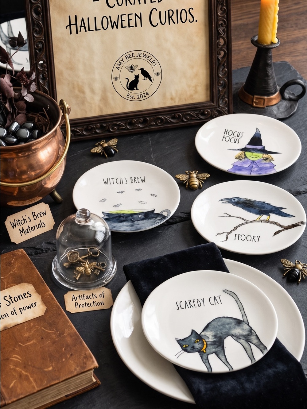 4 Piece Rae Dunn Halloween Spooky Theme Appetizer/Dessert Plates.